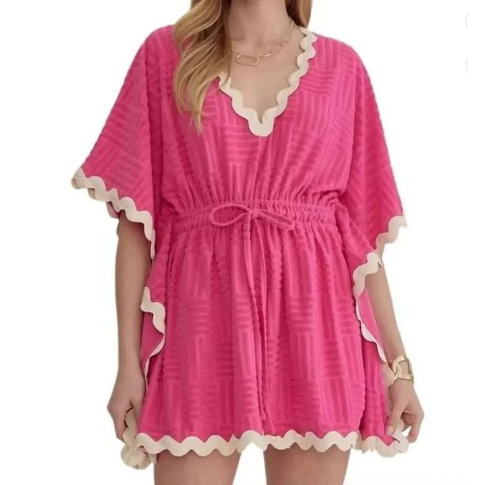 Entro Hot Pink Fuschia with White Ric Rac Swim Terry Cloth Cover-Up